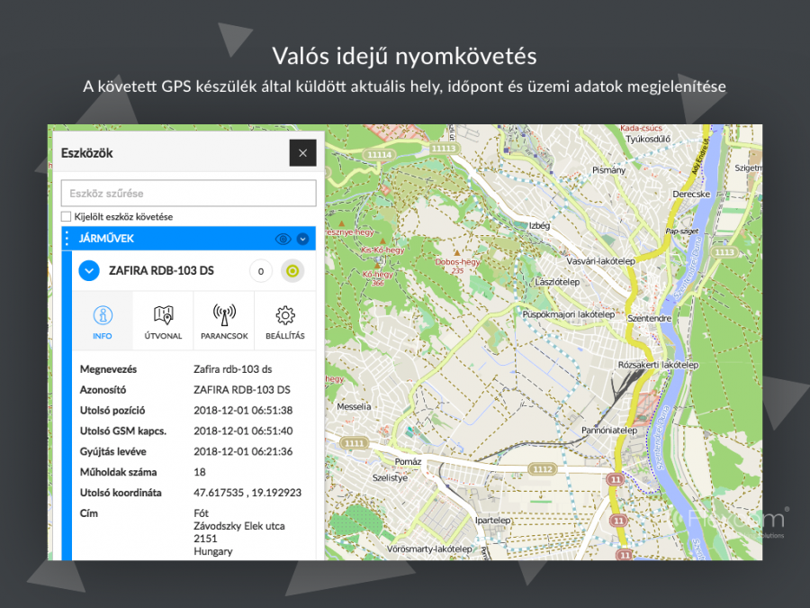  A követett GPS készülék által küldött akutális hely, időpont és üzemi adatok megjelenítése  FLEXCOM nyomkövető szoftver licensz FB típusú kerékpár nyomkövetőkhöz