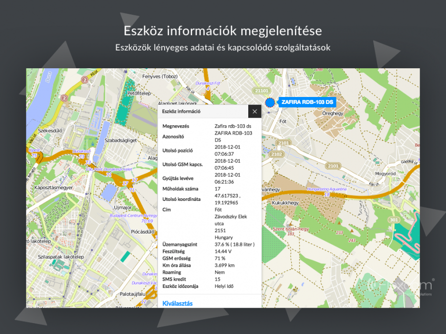  Eszköz információk megjelenítése  FLEXCOM nyomkövető szoftver licensz FB típusú kerékpár nyomkövetőkhöz
