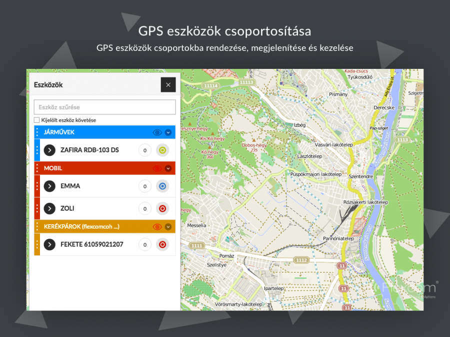  GPS eszközök csoportba rendezése, megjelenítése és kezelése  FLEXCOM nyomkövető szoftver licensz FB típusú kerékpár nyomkövetőkhöz