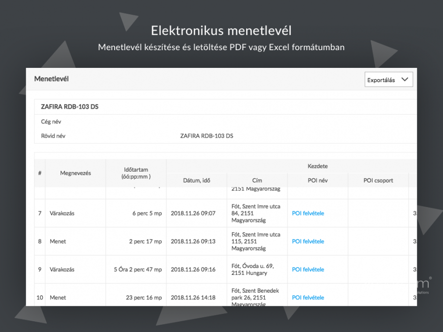  Menetlevél készítése és letöltése PDF vagy Excel formátumban  FLEXCOM nyomkövető szoftver licensz FB típusú kerékpár nyomkövetőkhöz