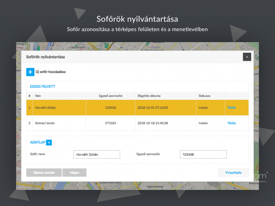  Sofőr azonosítása a térképes felületen és a menetlevélben  FLEXCOM nyomkövető szoftver licensz FB típusú kerékpár nyomkövetőkhöz